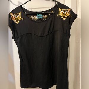 Too Fast Black Cat Stay Creepy Gothabilly Rockabilly Embroidered Women's Top